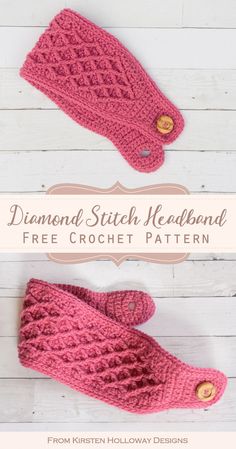 two crocheted mittens are shown with the text, diamond stitch headband free crochet pattern