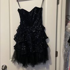 Black Sequin Party Dress Worn Once Sequin Party, Betsey Johnson Dresses, Sequin Party Dress, Black Sequins, Vintage Dress, Wearing Dress, Betsey Johnson, Vintage Dresses, Strapless Dress