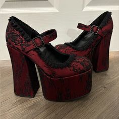 Brand New Without Box Vampire Heels Aesthetic, Vampire High Heels, Unique Platform Heels, Red Lace Shoes, Gothic Shoes Heels, Black And Red Wedding Shoes, Dark Red And Black Wedding Theme, Black Red Wedding Theme, Red And Black Wedding Dress