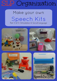 an advertisement for speech kits with pictures of toys and words on the front, in blue