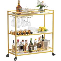 a bar cart filled with bottles and glasses