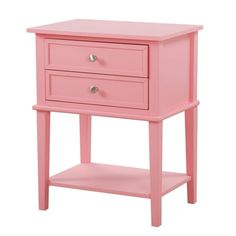 a pink nightstand table with two drawers on each side and an open drawer underneath it