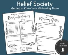 two printable booklets with the words relief society getting to know your missing sisters