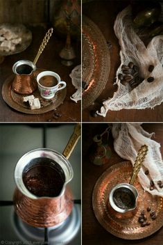 four different shots of coffee being poured into a copper cup with spoons and napkins