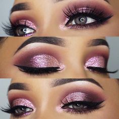 Pink Glitter Smokey Eye, Npc Competition Makeup, Pink Glitter Eyeshadow Looks, Pink And Silver Makeup, Pink Glitter Eye Makeup, Colors For Brown Eyes, Carnaval Make-up, Rosa Make-up, Party Eye Makeup