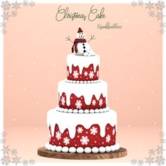 a three tiered cake with a snowman on top