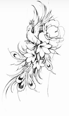 a black and white drawing of flowers with feathers on it's back side,