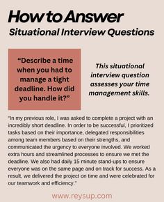 a poster with the words how to answer situation interview questions on it and an image of a