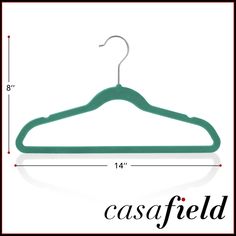 a green plastic hanger on a white background with measurements for the size and shape