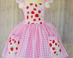 Strawberry Dress Strawberry Birthday Party Dress Strawberry - Etsy Princess Style Fitted Dress For Easter, Fitted Princess Dresses For Easter, Fitted Princess Style Easter Dresses, Fitted Pink Easter Dress, Fitted Dress For Easter Birthday, Fitted Pink Dress For Easter, Fitted Dress For Birthday And Easter, Fitted Cotton Easter Dress, Cute Fitted Birthday Dress