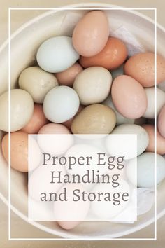 a white bowl filled with eggs and the words proper egg handling and storage