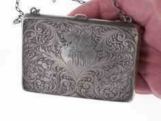 "c1900 Antique Sterling Calling card case/wallet. 3.5\" x 2.75\" x 81.5 grams, some small dents on sides as shown no other issues, monogrammed as shown. silverdrawer" Classic Silver Rectangular Card Holder, Elegant Silver Rectangular Card Holder, Silver Rectangular Wallets For Formal Occasions, Formal Silver Rectangular Wallet, Silver Rectangular Card Holder Gift, Silver Rectangular Card Holder For Gift, Silver Rectangular Wallet, Heishi Necklace, Calling Card