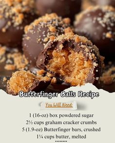 16-oz powdered sugar\n2 cups graham cracker crumbs\nDissolve sugar in mixer.\nAdd graham cracker crumbs.\nMake small balls.\nChill in fridge.\nGet ready for a delicious butterfinger treat.\n#ButterfingerBalls #NoBakeRecipe #YummySnacks #EasyToMake Butterfinger Bars, Butterfinger Cake, Magic Cookie Bar Recipe, Christmas Candy Homemade, Simi Valley California, No Bake Recipe, Grandma's Recipes