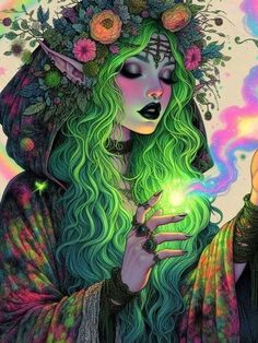 a woman with long green hair and flowers on her head holding a glowing ball in her hand