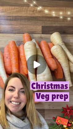 a woman standing in front of carrots with christmas decorations around her and the words, christmas veggie prep