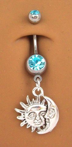 MOON & SUN AQUA BLUE DOUBLE GEM DANGLE BELLY NAVEL RING #416 NEW Style Hippie Chic, Jewelry Piercing, Cool Piercings, Navel Ring