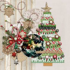 a digital scrapbook page with christmas trees and ornaments on it's cover, along with an ornament