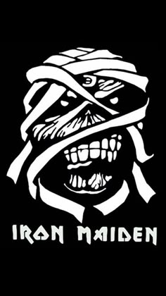 an iron maiden sticker on a black background with the words iron maiden written in white