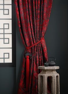 LIANG by SAHCO - The allover jacquard pattern is inspired by abstract Asian letters. Available in four colourways. Neo Chinese Style, Theatre Curtains, Chinese Interior, Ceiling Curtains, Red Couch, Zen Room, Chinese Furniture, Modern Chinese, New Chinese Style