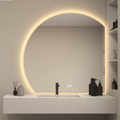 a bathroom with a sink, mirror and shelves on the wall above it is illuminated by lights