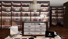 a room filled with lots of purses and handbags on shelves next to a rug