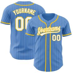 Custom Powder Blue White Pinstripe Yellow Authentic Baseball Jersey Blue Cotton Baseball Jersey For Fan Gear, Blue Cotton Baseball Jersey For Fans, Blue Baseball Jersey For Baseball Season, Blue Baseball Jersey With Baseball Collar For Team Events, Blue Baseball Jersey With Collar For Team Events, Blue Baseball Jersey For Sports Events During Baseball Season, Blue Team Spirit Baseball Jersey For Baseball Season, Customizable Blue Jersey For Baseball Season, Blue Cotton Baseball Jersey With Baseball Collar