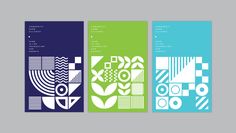 three different colored posters with abstract designs on the front, back and side of them