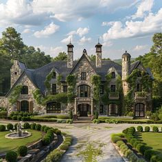 a large stone house surrounded by lush green trees