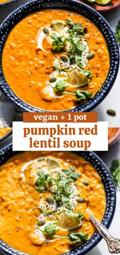 two bowls filled with pumpkin red lentil soup