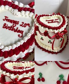 a collage of photos showing two cakes in the shape of hearts and cherries