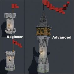 three different views of a tower with the words beginner and advanced on each side