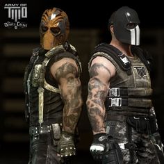 two men with tattoos and body armor standing next to each other