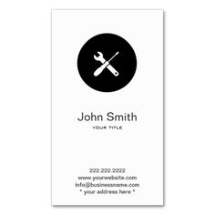 a white business card with a black circle and wrench on it