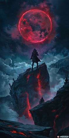 a man standing on top of a mountain under a red moon