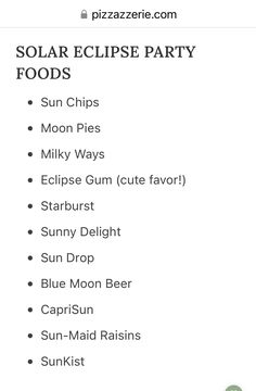 the solar eclipse party food list is shown