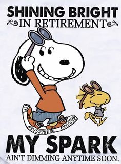 a poster with a cartoon dog holding a baseball bat in it's right hand and the words, shining bright in retirement my spark