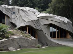 an unusual rock house in the middle of a park