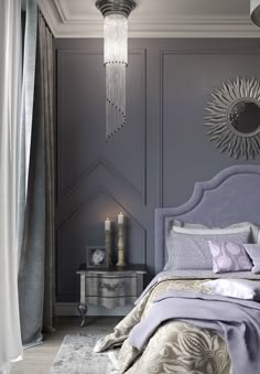 a bedroom decorated in grey and gold with an upholstered headboard, chandelier, bed linens, and curtains