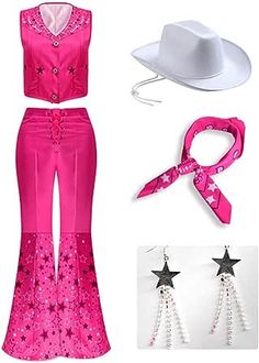 a woman's western outfit with pink and black stars on the bottom, white cowboy hat