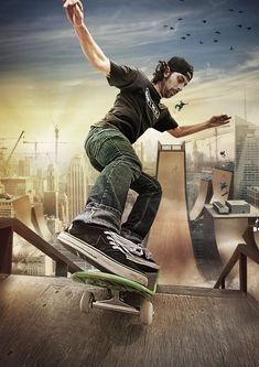 a man riding a skateboard down the side of a wooden ramp in front of a city