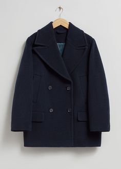 Relaxed Pea Coat - Navy - Jackets - & Other Stories US Peacoat Womens Outfit, Peacoat Women, Navy Wool Coat, Navy Peacoat, Navy Pea Coat, Pea Coats Women, Navy Coat, Girls Fall Outfits, Navy Jacket