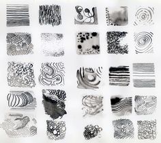 many different designs are shown in black and white on a piece of paper that has been drawn