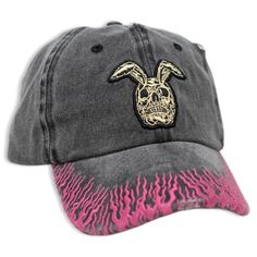 top view of vintage washed hat that shows the rabbit skull and pink flames embroidery Skull With Flames, Embroidered Flames, Rabbit Skull, Swag Hats, Vintage Hat, Dad Caps, Edgy Look, Embroidered Design, Hats Vintage