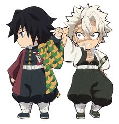 two anime characters standing next to each other with their hands in the air and one holding his fist up