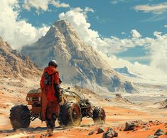 a man standing on top of a desert next to an atv in front of a mountain