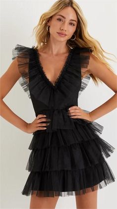 Black Tulle Tiered Mini Dress – Groovy Mimi Cute Formal Dresses, Ruffled Mini Dress, Cute Homecoming Dresses, Tulle Mini Dress, Iconic Dresses, Adhesive Bra, Black Tulle, Grad Dresses, Princess Seams