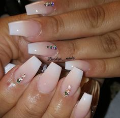 Short Ombre Nails With Diamonds, Square Nails With Rhinestones Simple, French Ombre Rhinestone Nails, Short Ombre Nails With Rhinestones, Partial Bling Nails, French Ombre Nails With Rhinestones, Neutral Nails With Rhinestones, Ombre Nails With Diamonds, Ombre With Rhinestones