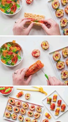 the process of making sushi rolls is shown here