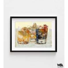 an art print of two glasses of ice water and soda on a white wall with black frame