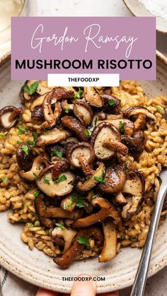 mushroom risotto on a plate with a fork